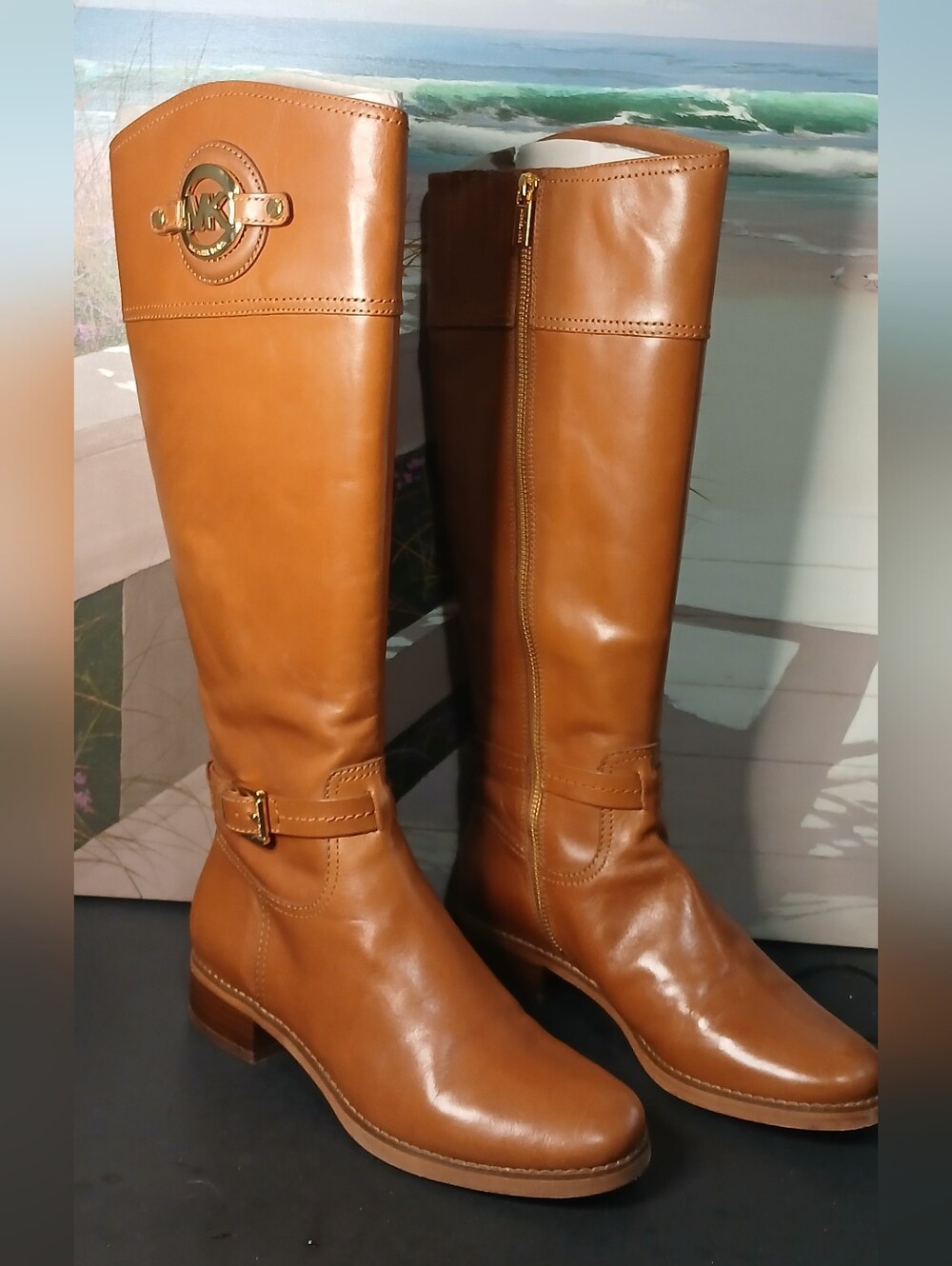 Michael Kors Cognac Leather Over-the-Knee Boots with Gold Hardware